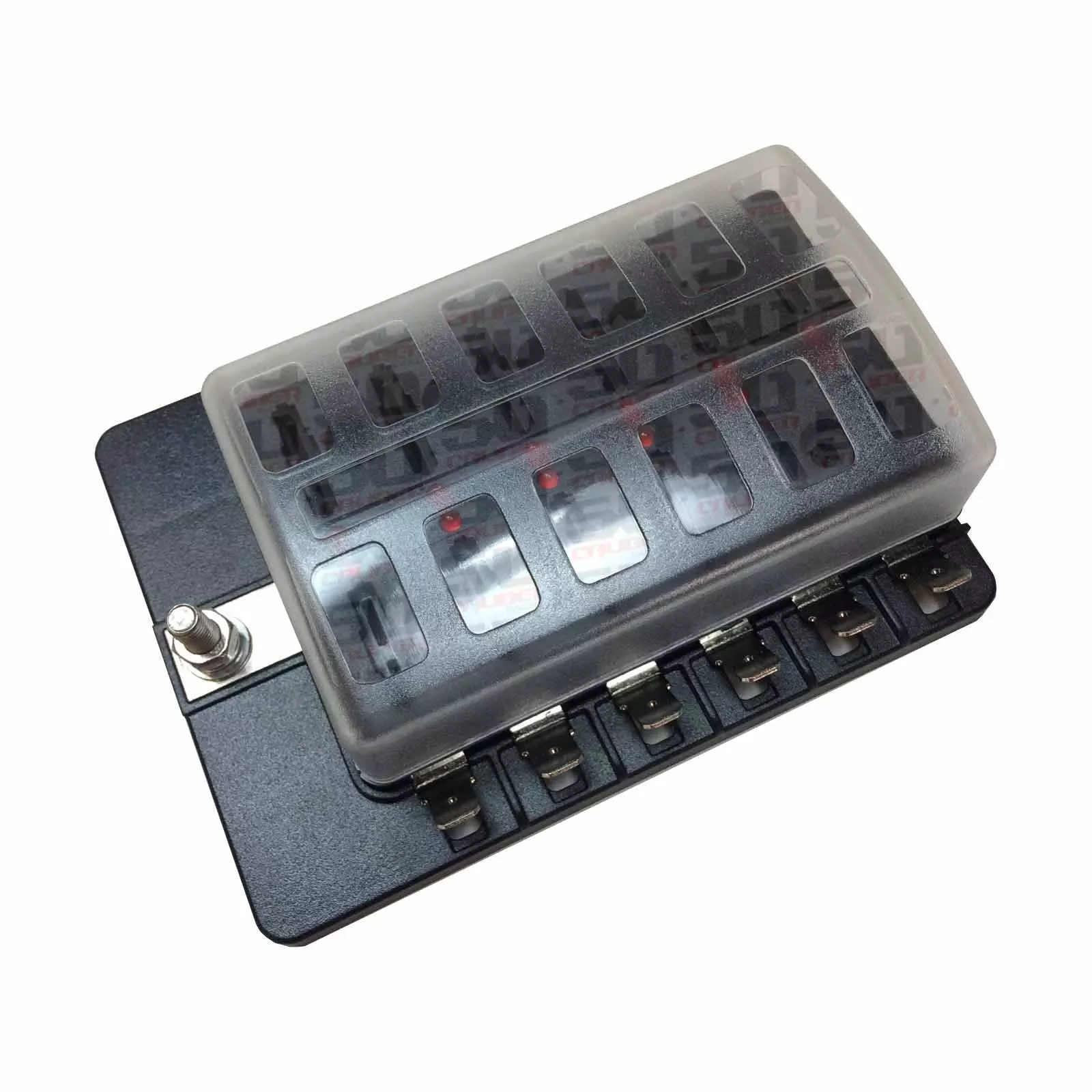 50 Caliber Racing Universal 12 Way 12V Blade Fuse Block with LED Indicators for Automotive, Marine, UTV – Black