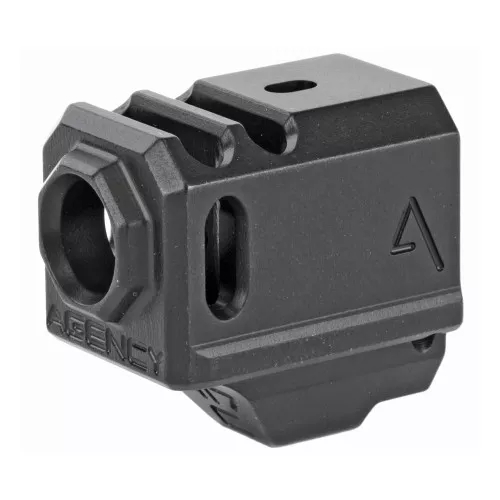 Agency Arms Glock 43 Compensator, Features two chamber design (2 vertical ports and 2 side venting ports), Front sight hole, Two set screws with an Allen Wrench and a vial of Rockset are included in package, Fits Glock 43, Standard 1/2X28 thread pit