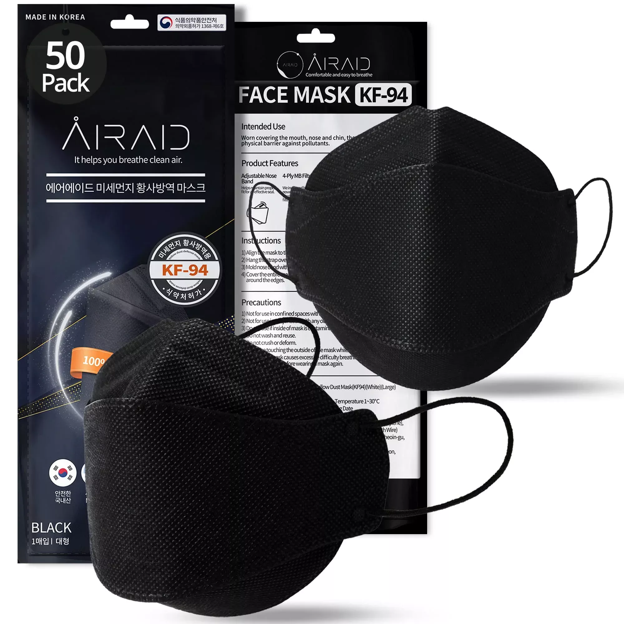 Airaid-Kf94 [Individually Wrapped] – Made In Korea, 4-Layer Filter, 3D Face Mask, Black, White, Adult And Older Teens (Black-50P)