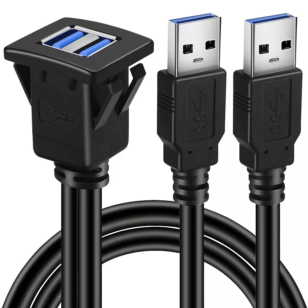 Batige Dual Ports Square Usb 3.0 Panel Flush Mount Extension Cable With Buckle For Car Truck Boat Motorcycle Dashboard-3Ft