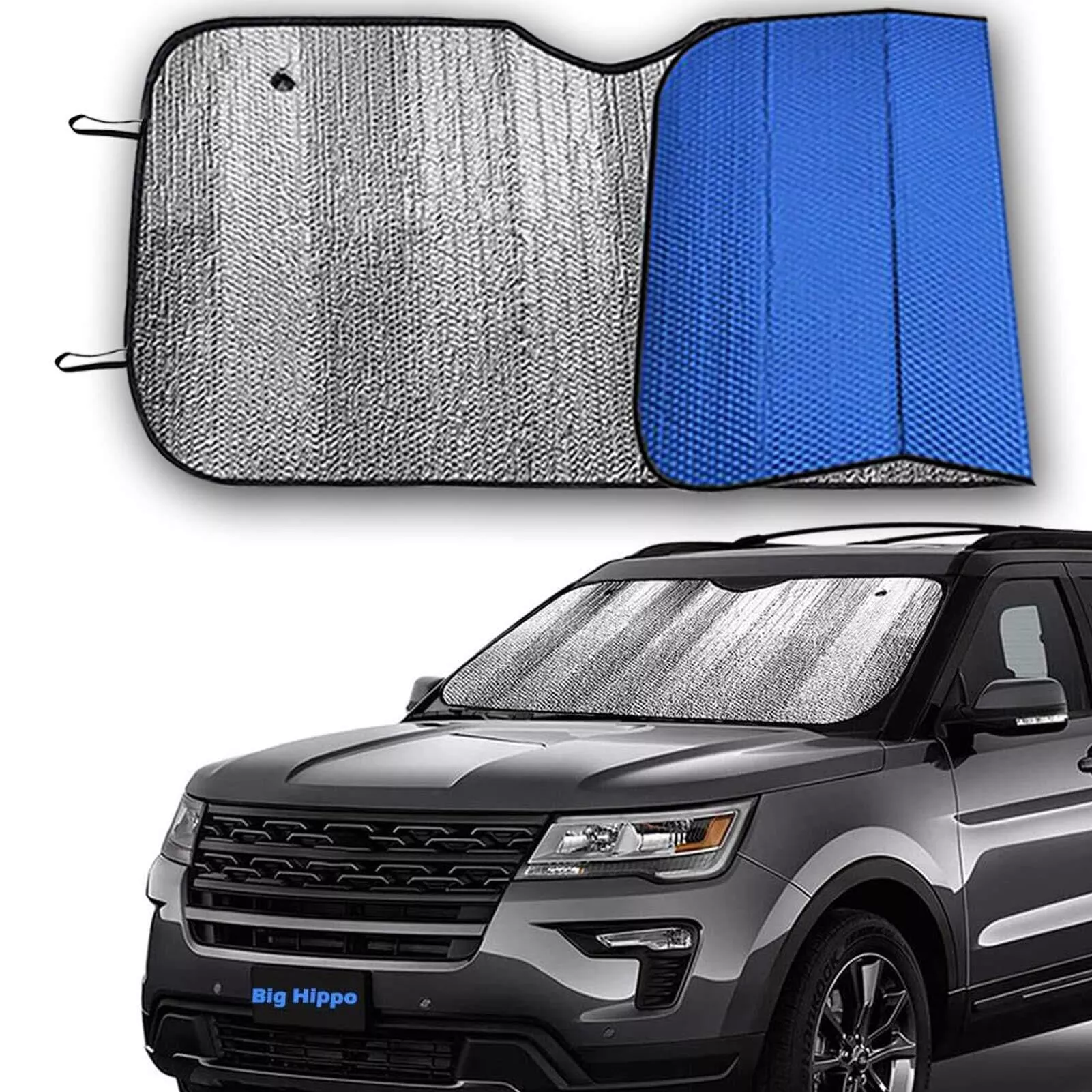 Big Hippo Windshield Sun Shade Uv Rays Sun Visor Shade,Auto Front Windshield Sunshade Protector Car Folded Sun Shield Shade,Keeps Vehicle Cool – Blue (Size: 55.16X 27.5)