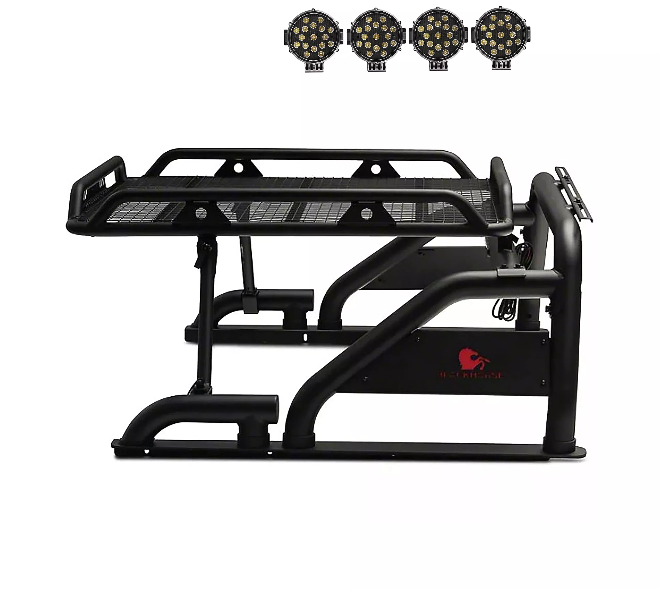 Black Horse Warrior Roll Bar Incl. Pair Of 7.0′ Dia.Led Lights W/Black Trim Rings Compatible With 1/2 Ton Trucks (Gm Silverado 14+/Ford F150 15+/Dodge Ram 15+) With Full Size Cargo Basket