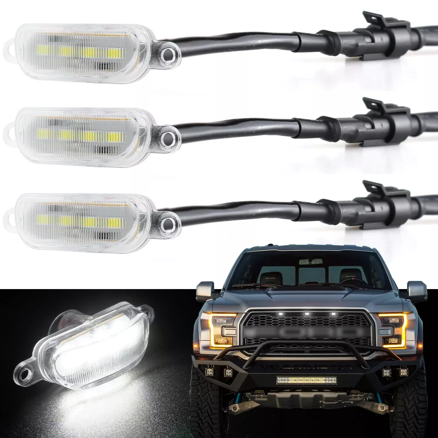 Boigoo Front Grilles Marker Lights 3Pcs 4Led Compatible With Dodge Ram 1500 2013-2018 & Ford F-150 Raptor 2004-2019, Decorative Cars Grid Grilles (White – White Lens)