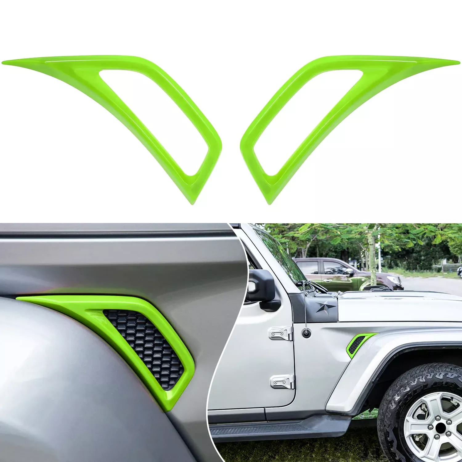 Bonbo 2Pcs Exterior Accessories Wheel Eyebrow Side Air Conditioning Vent Outlet Cover Trim For Jeep Wrangler Jl Jlu Sports Sahara Freedom Rubicon Unlimited Gladiator Jt 2018-2023 (Green)
