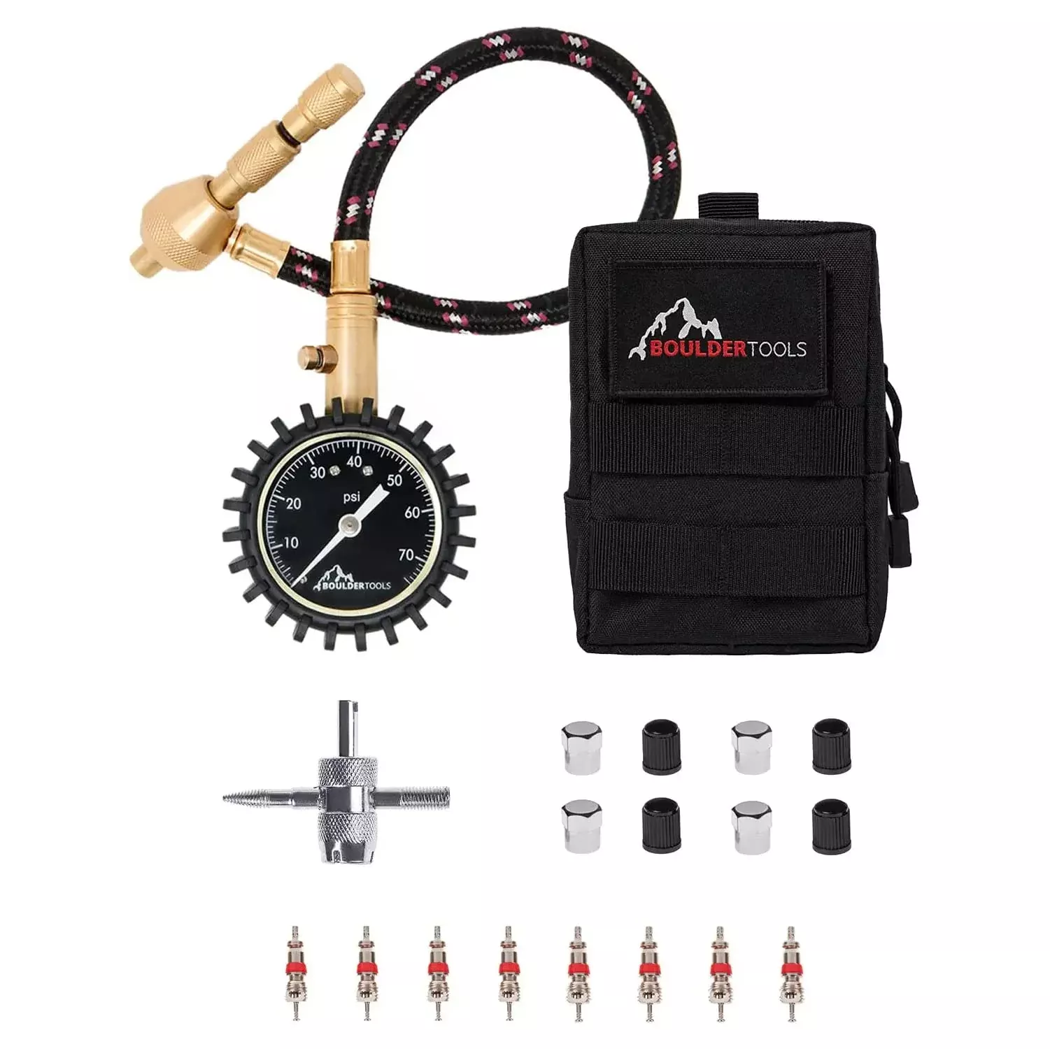 Boulder Tools Heavy Duty Rapid Tire Deflator & Molle Pouch - Precision Release Button Air Down Offroad Kit - Glows In Dark, Bonus: Valve Caps, Cores, Repair Tool | Quickly Deflate 4X4 Off Road Tires