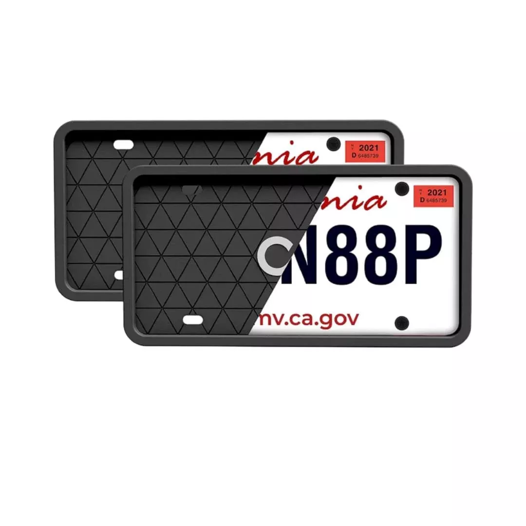 Car Accessories Black Silicone License Plate Frame – Protects From Scratches | No-Rattle Fit Silicone Cover For U.S. Plates – Front & Back License Plate Holder With Custom Mounting Kit 2 Pair