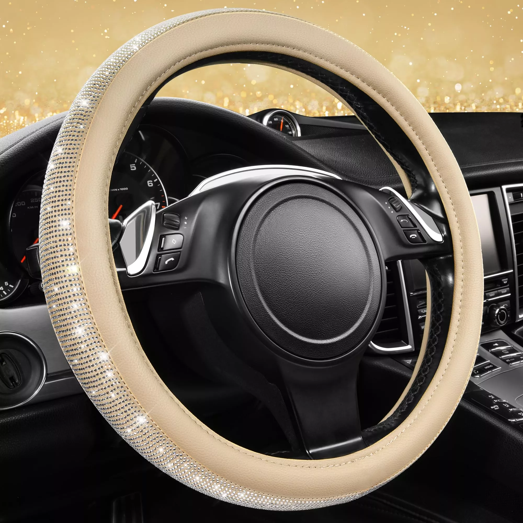 CAR PASS Bling Diamond Beige Leather Steering Wheel Cover, 14.5"-15" Universal Fit for Cars, Sparkly Rhinestones for Women