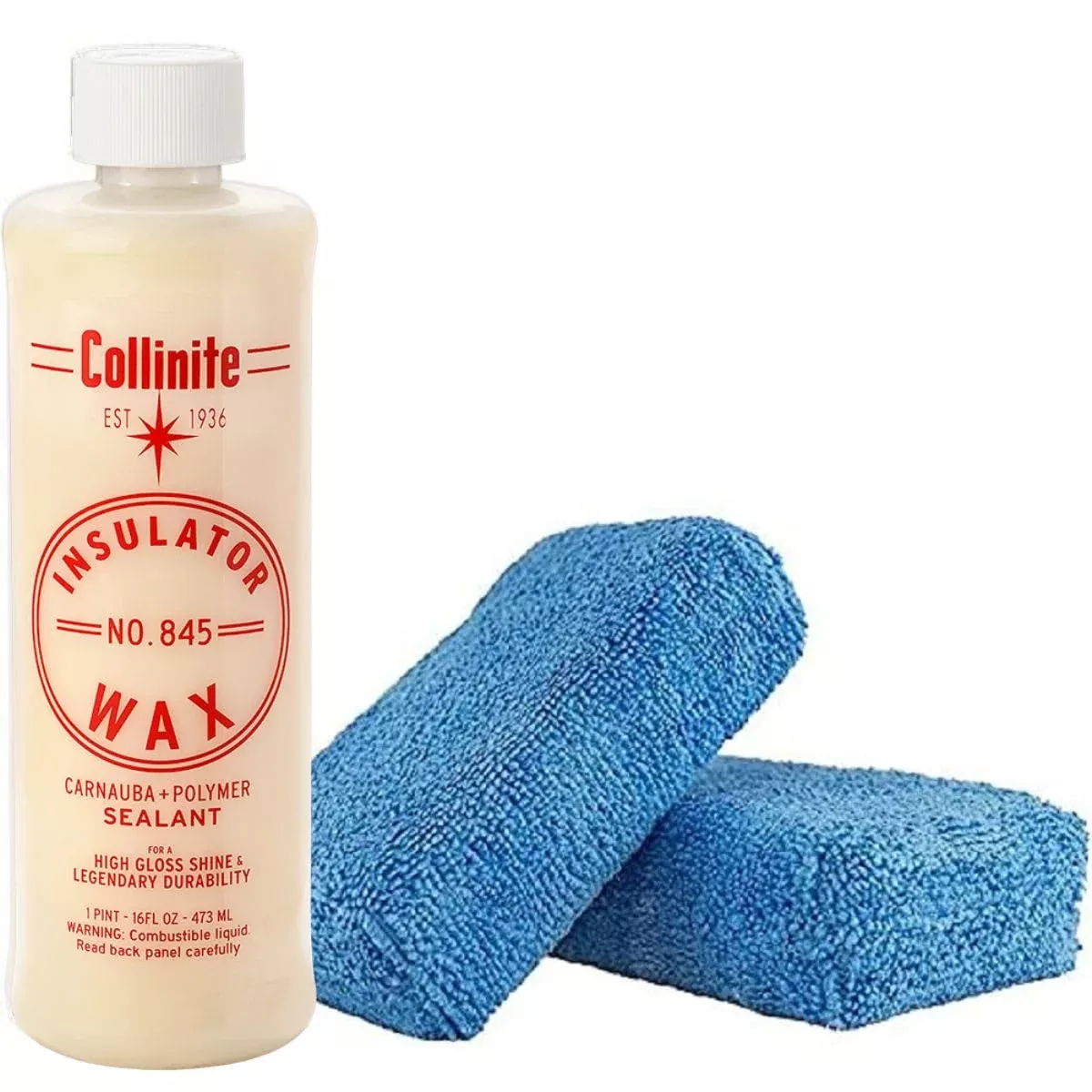 Collinite 845 Insulator Wax – Carnauba & Polymer Sealant, 16 fl oz, High Gloss, Durable Paint Protection, Includes 2 Microfiber Blocks