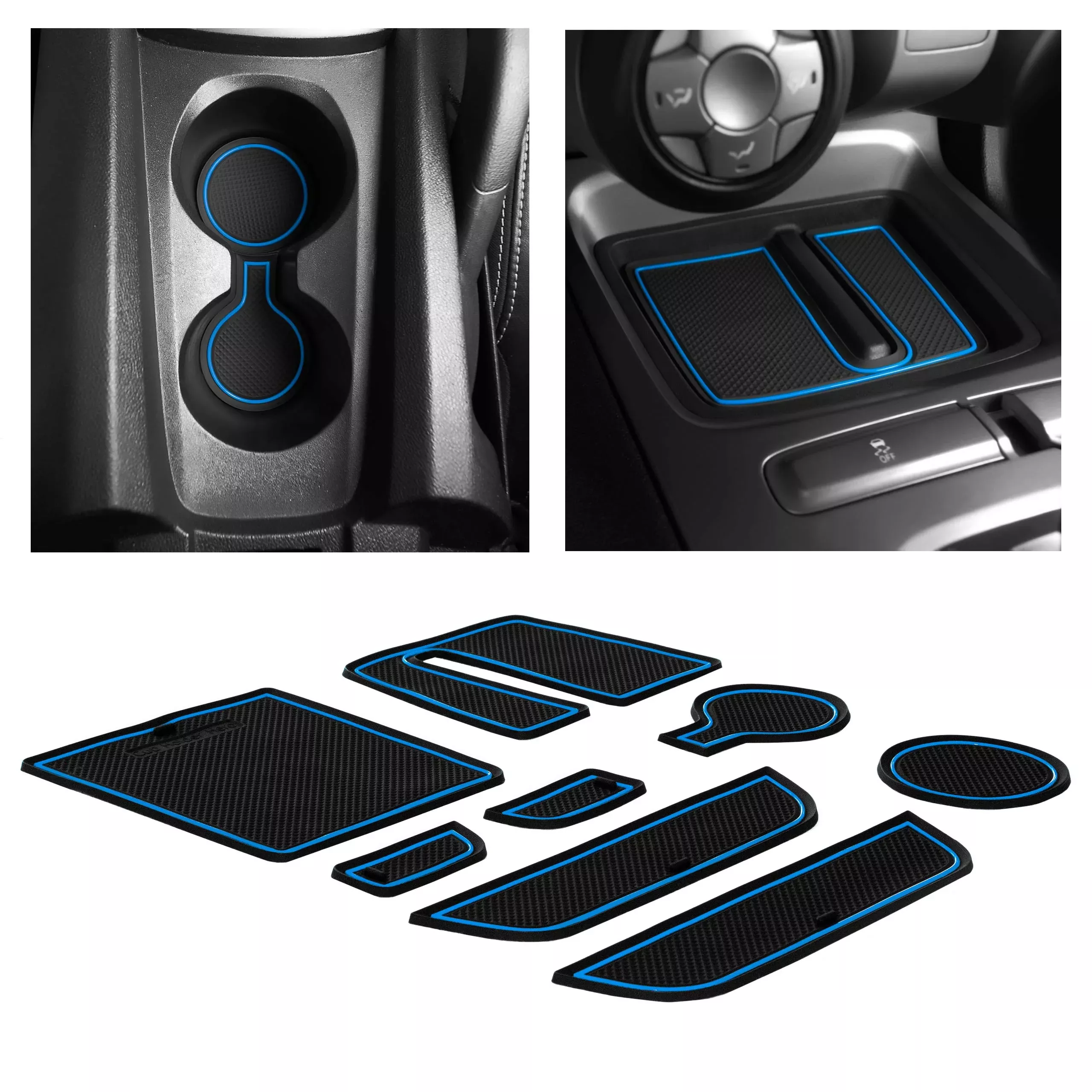 Cupholderhero For 2010-2022 Chevy Camaro Accessories Premium Custom Interior Non-Slip Anti Dust Cup Holder Inserts, Center Console Liner Mats, Door Pocket Liners 8-Pc Set (Blue Trim)