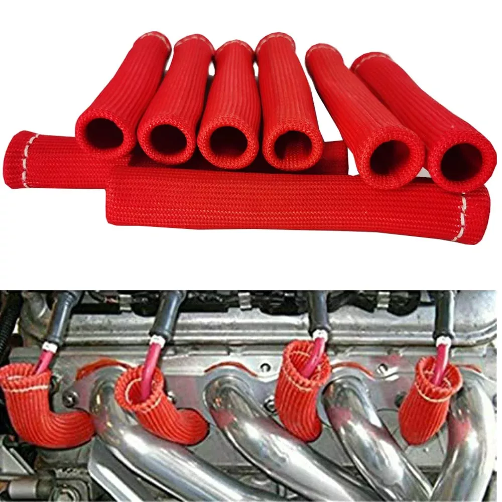 DEGEOBERLIN Spark Plug Wire Boots – Thermal Protection Insulator Sleeve, 6″ Red, 1200°F Heat Shield, 8PCS
