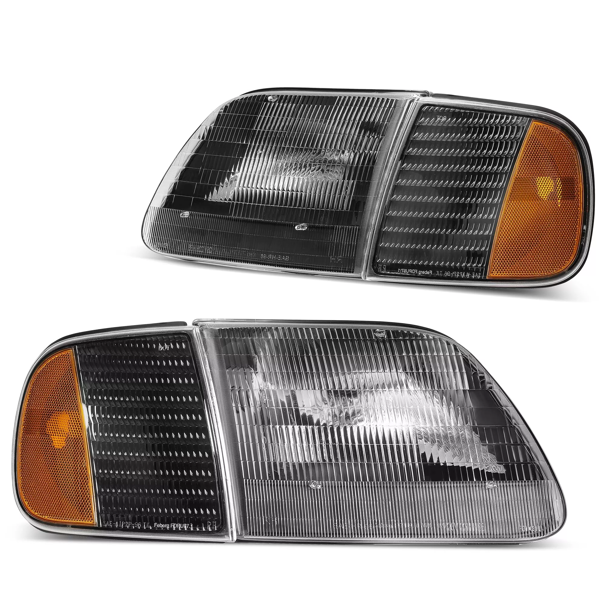 Dwvo Headlight Assembly Compatible With 1997-2003 Ford F-150 Pickup/1997-2002 Ford Expedition Headlamp With Corner Light Black Housing Amber Reflector