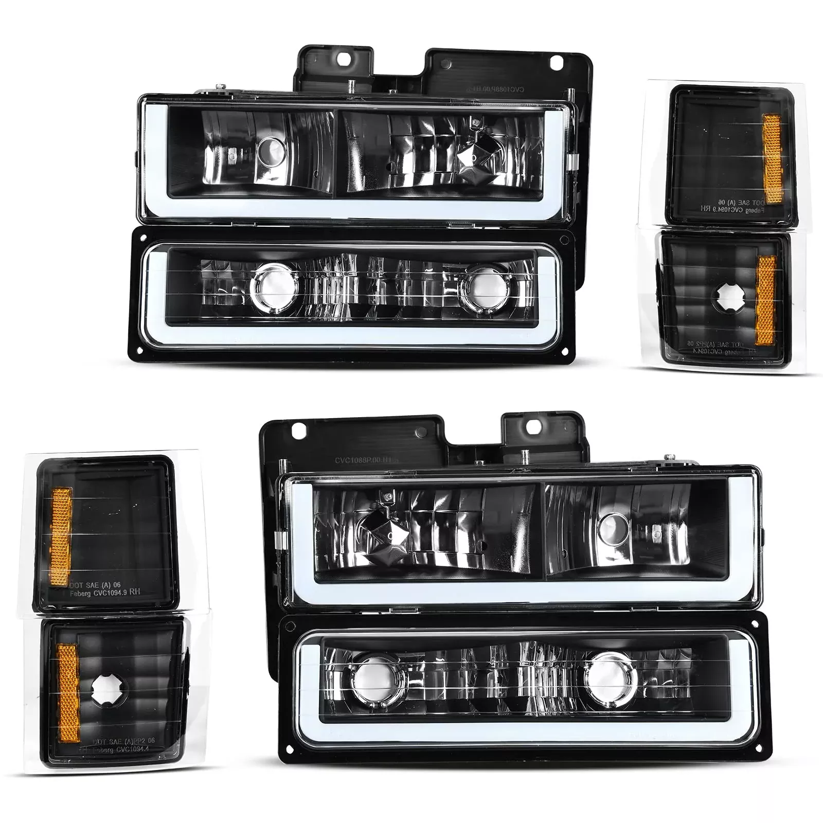 DWVO LED Headlights Assembly for 1994-1999 Chevy Silverado Tahoe Suburban, Black Housing with Corner Lights, Model D-CTLAHL-2010+2044+1120