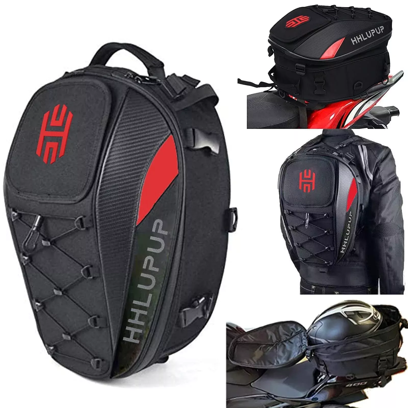 HHLUPUP Motorcycle Tail Bag – Waterproof 38L Backpack Luggage – Red Leather