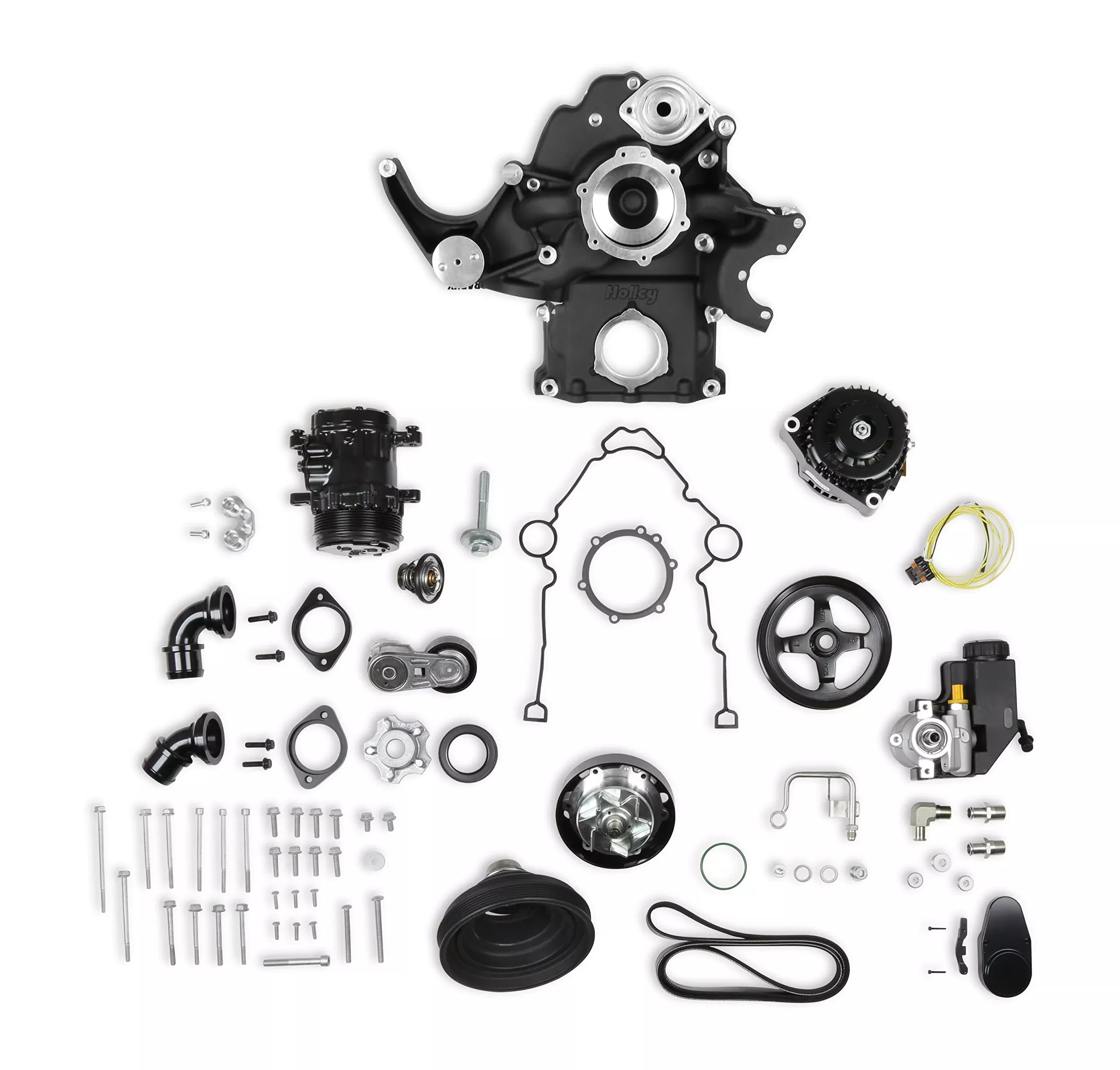 Holley 20-291Bk Complete Front Accessory System – Mid-Mount – Black Cast Finish