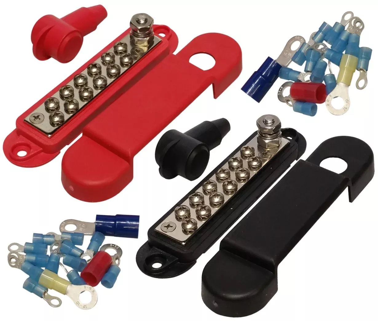 Jquad(Pair – Red & Black) 12 Terminal Distribution Block -Busbars- With Ring Terminals