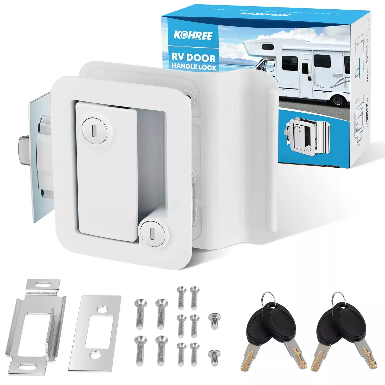 Kohree RV Door Lock Replacement - Metal Paddle Deadbolt, White 1 Pack, Camper Handle Latch with Keys for Travel Trailers and Cargo Haulers