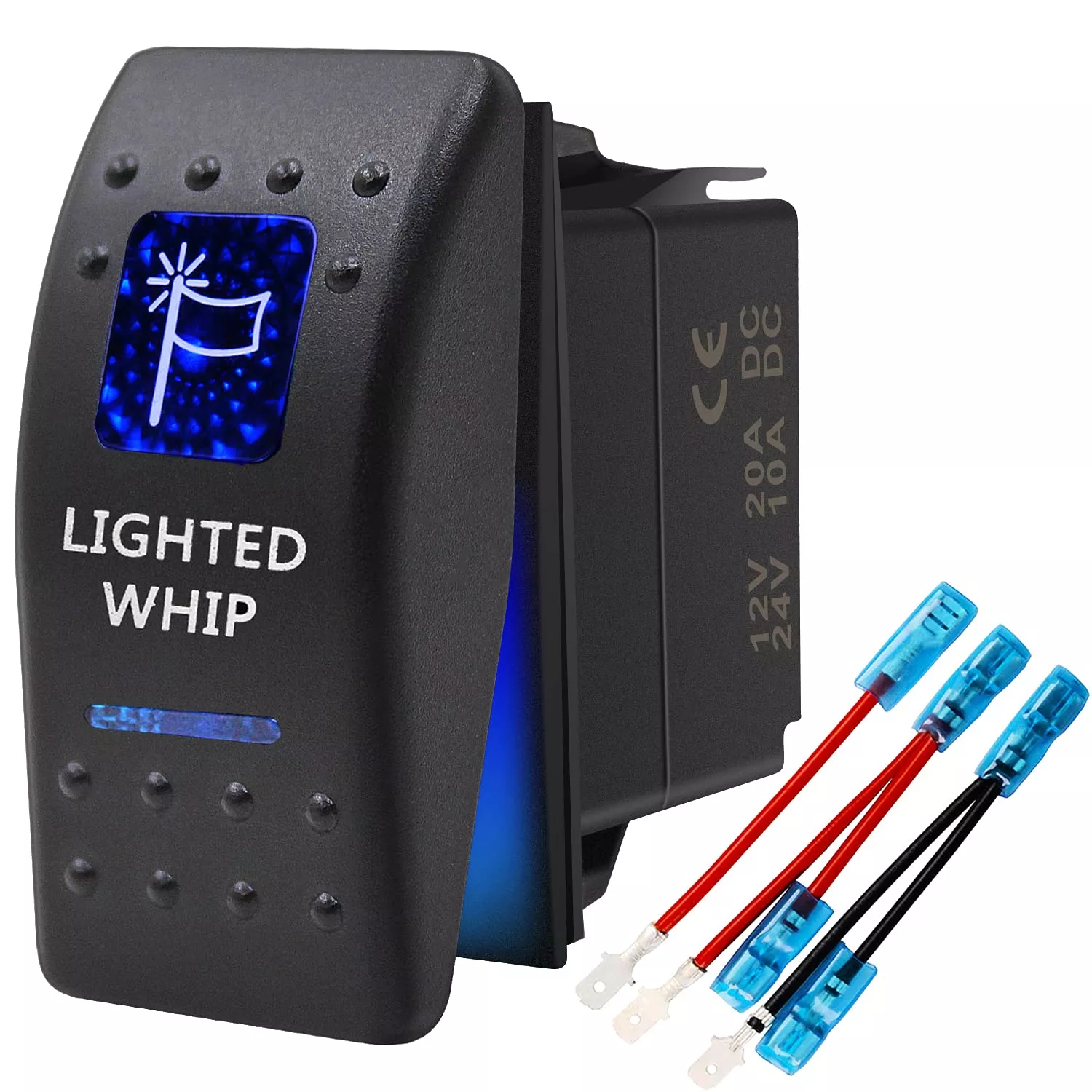Lighted Whip Waterproof Rocker Switch Toggle – On/Off Blue Led Light – 12V 20Amp 24V 10Amp, 5 Pin For Automotive Cars Vehicles Marine Boats Trucks Trailers 4X4 Caravans Rvs Suv Atv Utv & More