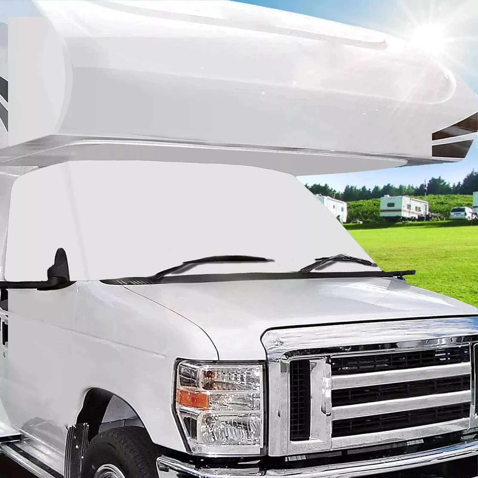 MOFEEZ RV Windshield Cover – UV Block, White, Fits Class C Ford 1997-2024, Model 98MF18019, Fish Scale Car Cloth, Universal Size