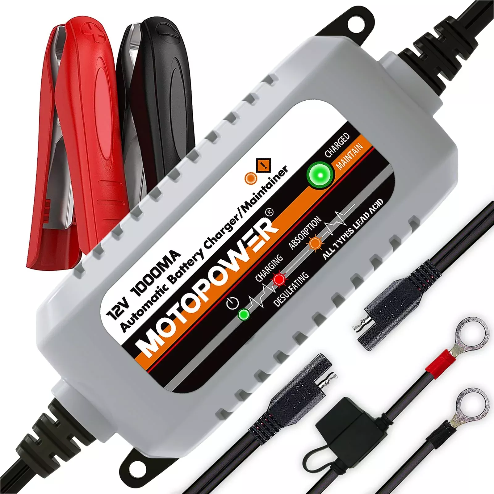 MOTOPOWER MP00205B 12V 1000mA Automatic Battery Charger & Maintainer – Grey