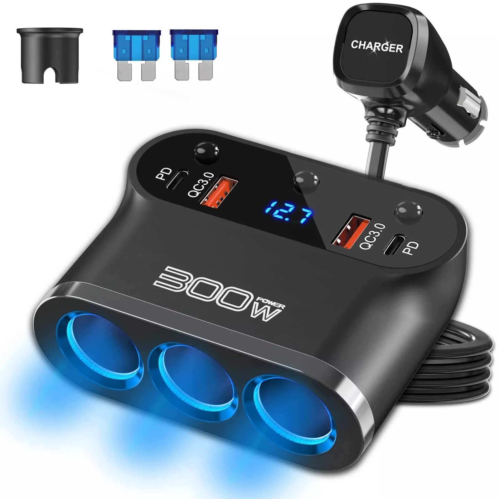 Ouffun 7 in 1 Cigarette Lighter Adapter, 300W 3 Socket Car Charger with Dual PD USB C 30W, QC3.0 18W, LED Voltage