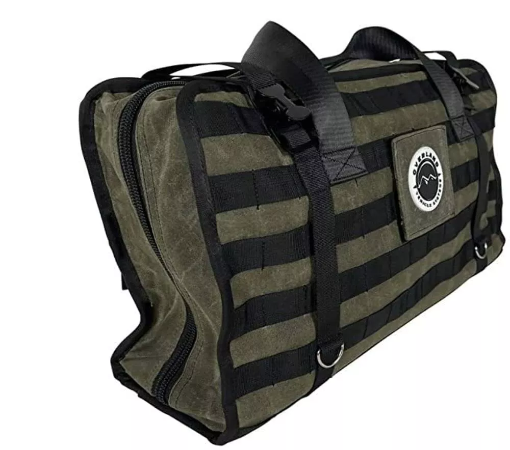 Overland Vehicle Systems Large Recovery Bag With Handle & Straps – #16 Waxed Canvas Storage – Infused With Paraffin Wax Waterproofing – Two Heavy Duty Alligator Buckles And Industrial Nylon Handle