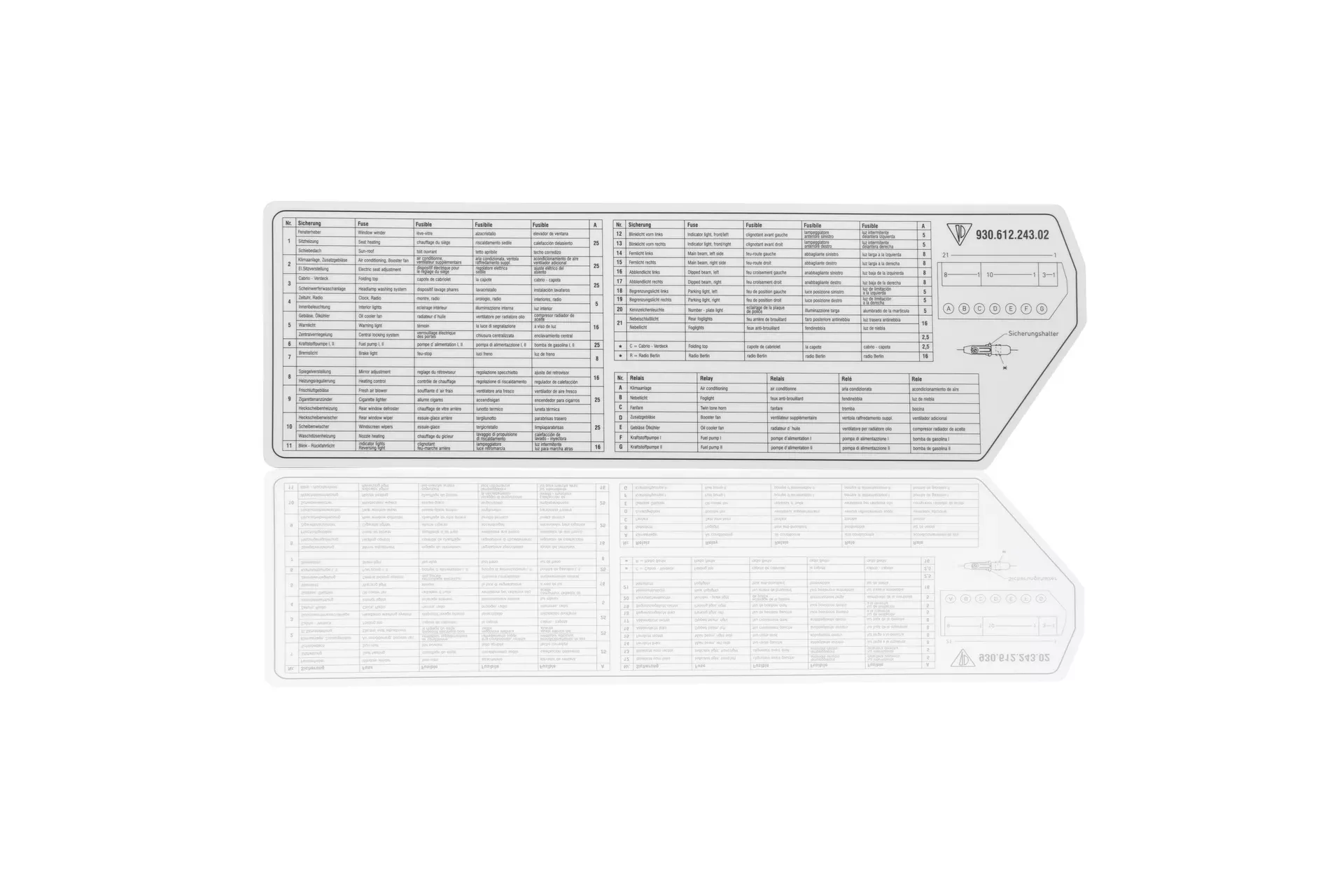 Porsche Fuse & Relay Assignment Card – 930 87-88930-612-243-02