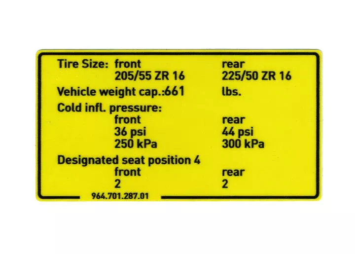 Porsche Tire Pressure Decal – 911 89-94964-701-287-01