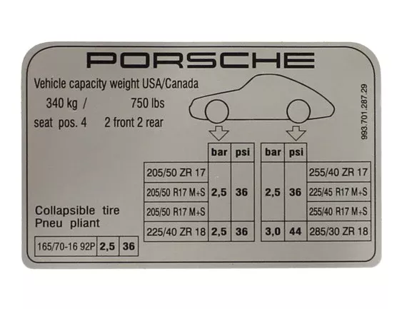 Porsche Tire Pressure Decal – 911 95-98