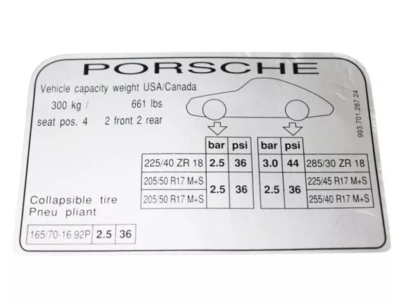 Porsche Tire Pressure Decal – 911 95-98993-701-287-24