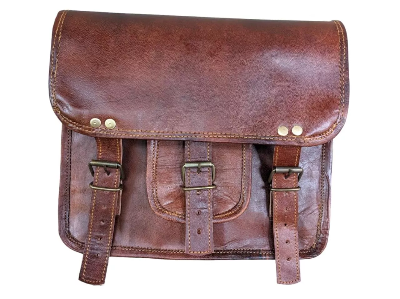 Prastara Motorcycle Large Saddle Tan Color Studed 2 Strap Real Leather Saddlebag Biker Bag