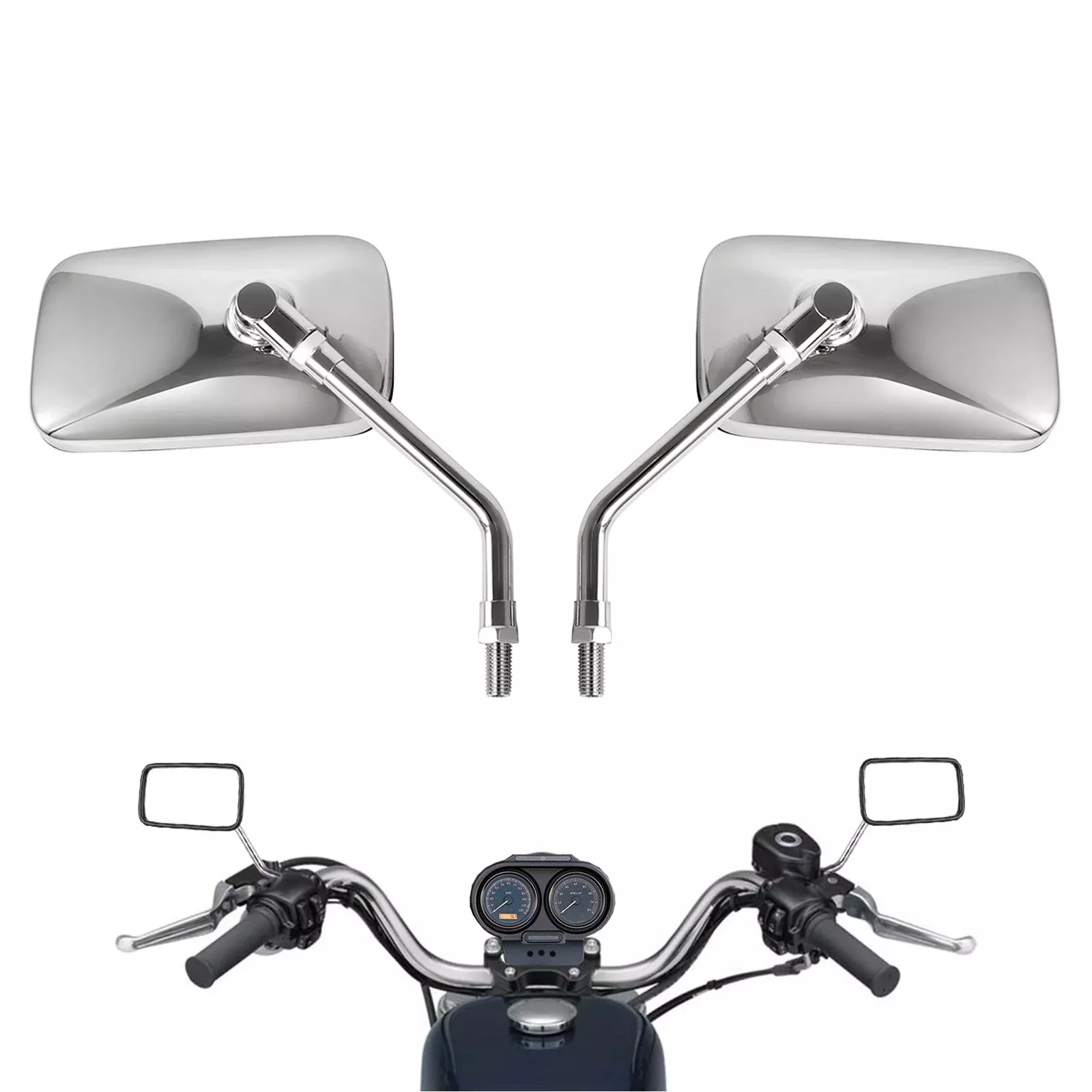 Rawsomes Motorcycle Side Mirrors – Chrome Silver, ABS, 125mm x 70mm, Universal Fit for Harley, Kawasaki, Suzuki, Aprilia, Cruiser, Scooter