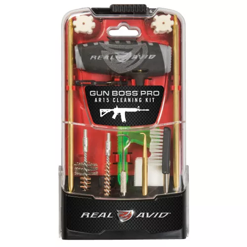 Real Avid Gun Boss Pro, Pro AR15 Cleaning Kit, Polycarbonate Kickstand Case, Multi-Function Handle, Four Brass Rod Sections, Fixed/Rotating Threaded Receiver, Tap Hammer, Slotted Tip, Brushes, Cleaning Patches, Wool Star Chamber Cleaning Pads, 3-in-