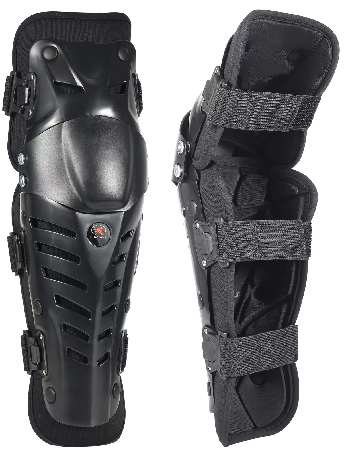 RIDBIKER Black Movable Knee Shin Guard Pads – Adjustable Breathable Armor for Motorcycle Cycling Racing, Lengthen Size, Crashproof, 1 Pair