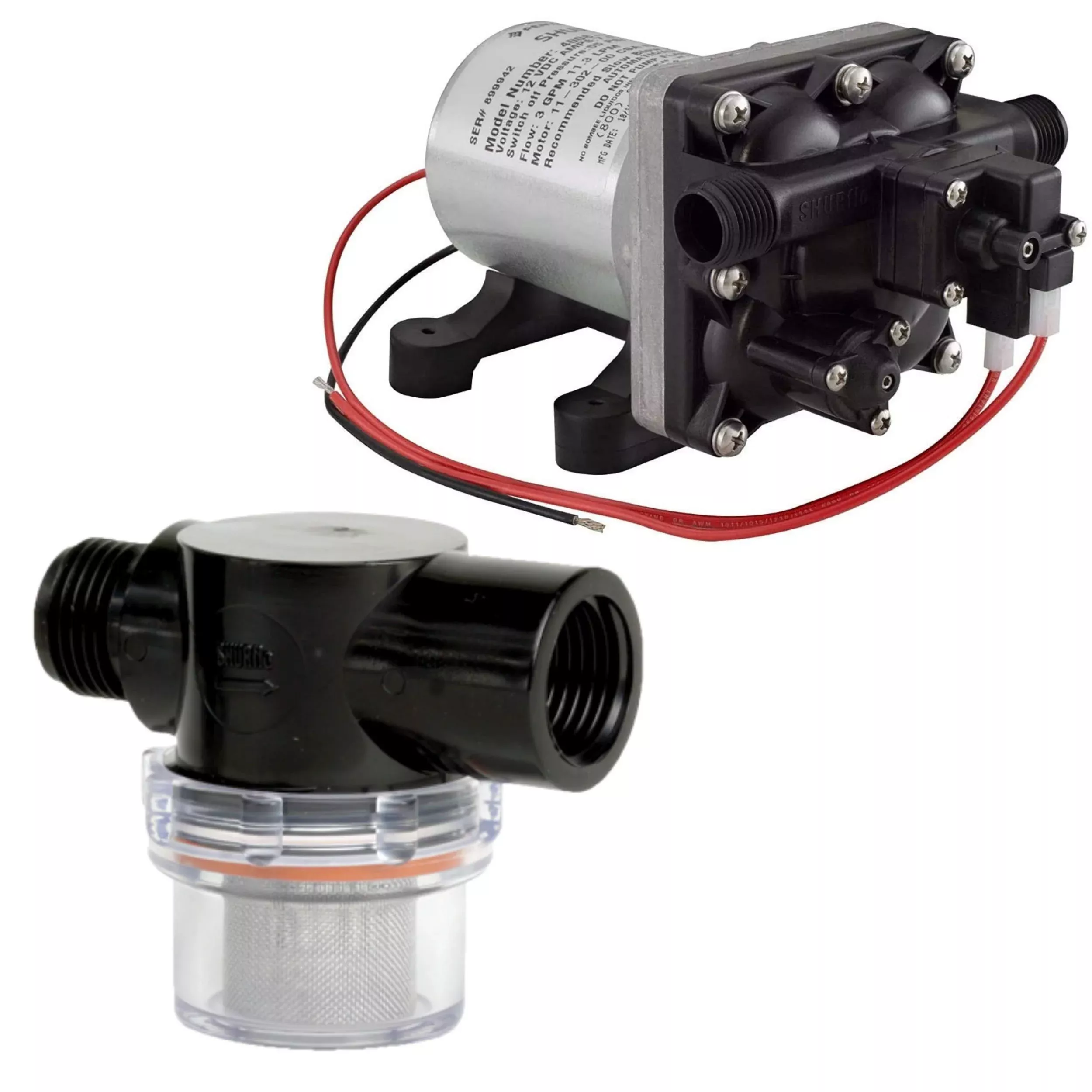 Shurflo 12 Volt RV Water Pump 3.0 GPM 4008-101-A65/E65 – Black Plastic with Optional Twist-On Pipe Strainer