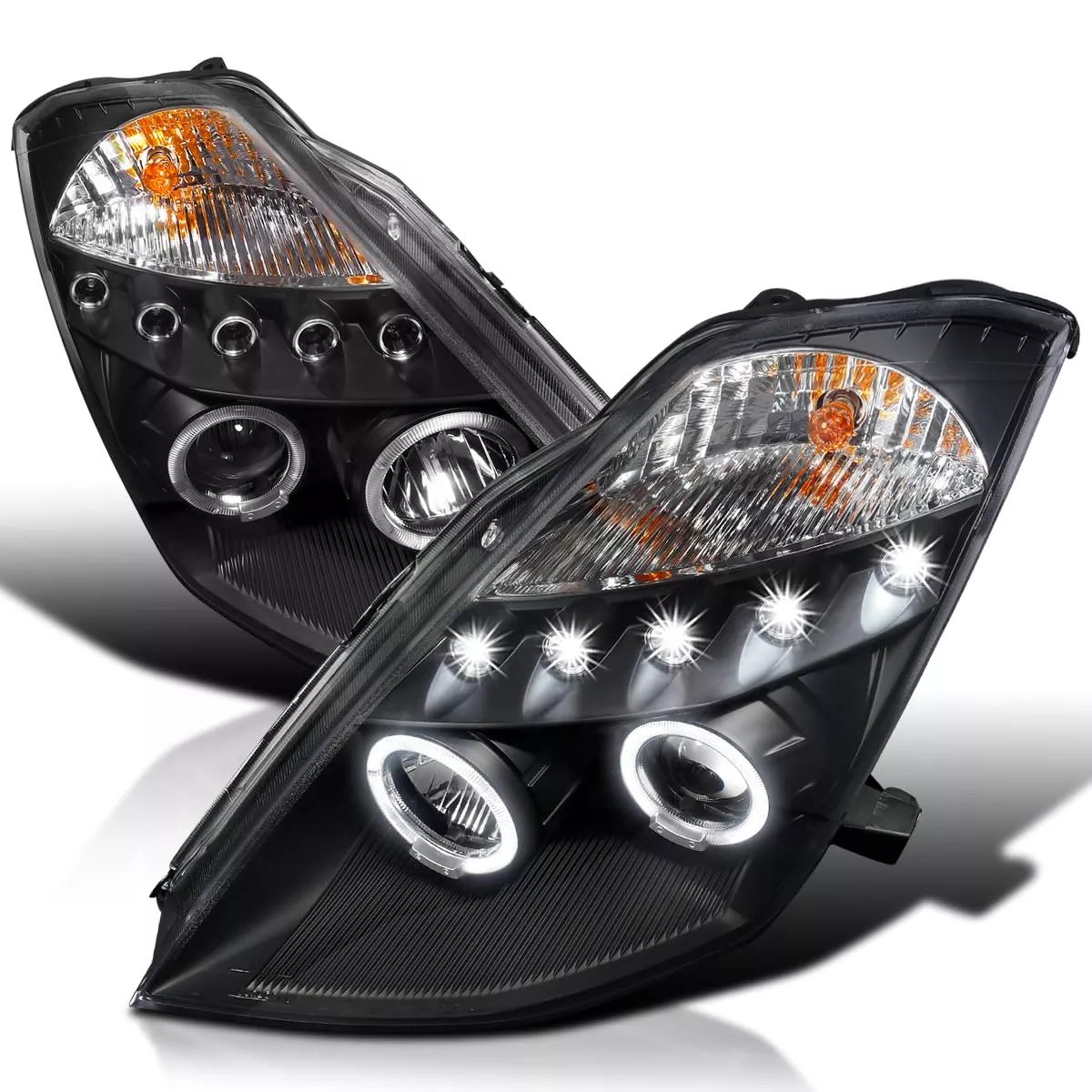 SPEC-D Tuning Projector Headlights for 2003-2005 Nissan 350Z, Black Housing, LED, Model 2LHP-350Z03JM-TM, Left + Right