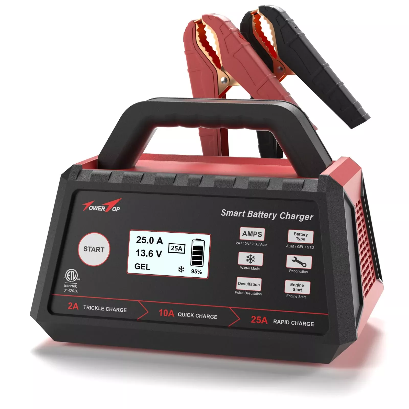 TowerTop 12V Smart Car Battery Charger, 25A Fully Automatic Maintainer with Engine Start & Auto Desulfator for AGM, STD, Gel, Deep Cycle Batteries