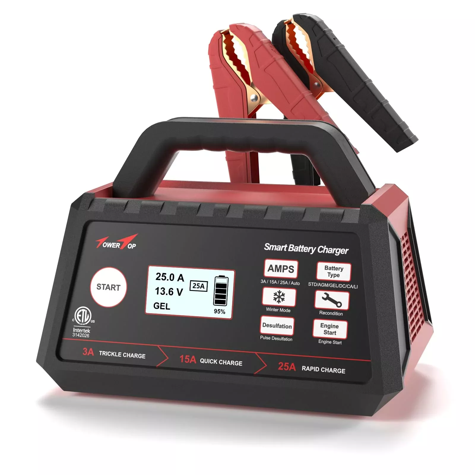 Towertop 3/15/25 Amp Car Battery Charger, 12V Fully Automatic Smart Battery Maintainer With Engine Start, Auto Desulfator, Battery Repair, For All Lead-Acid And Lifepo4 Batteries