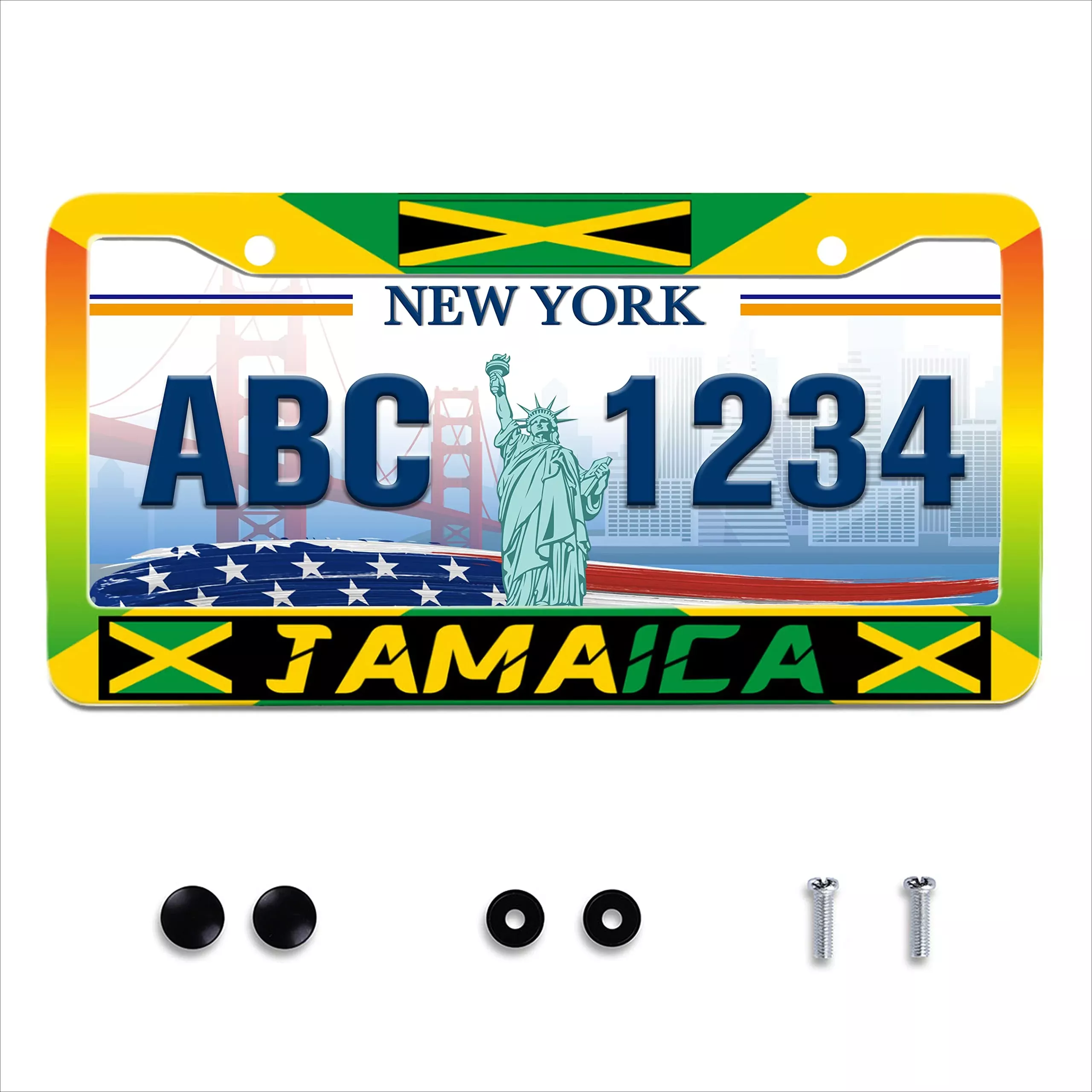 UNINDREM Jamaica License Plate Frame, Stainless Steel, Rust-Proof, 12×6 Inch, Jamaican Flag Design, Auto Parts Decoration for Men and Women