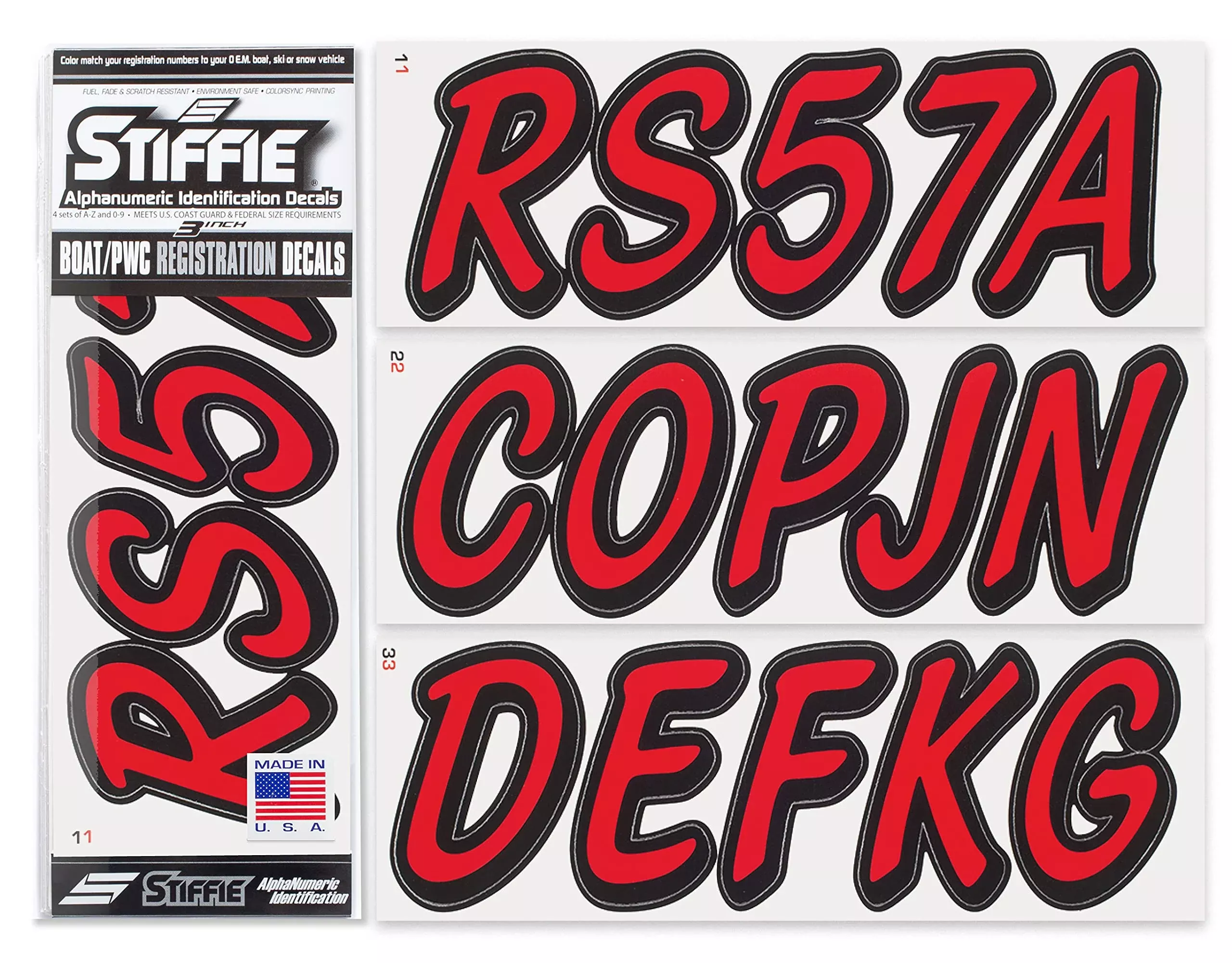 Whipline Solid Red/Black 3 Alpha-Numeric Registration Identification Numbers Stickers Decals For Boats & Personal Watercraft