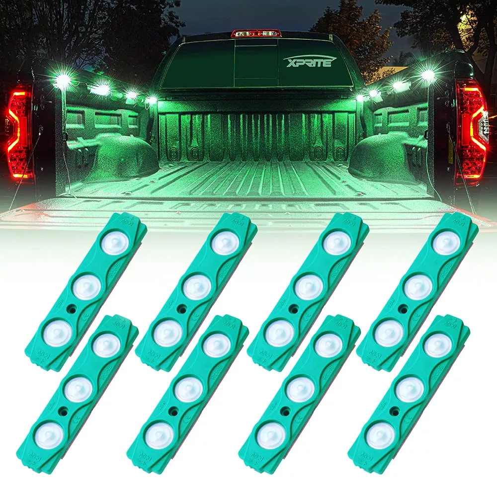 Xprite Green Led Truck Bed Light Kits With On/Off Switch, For Pickup Exterior Interior Lights Strips, Footwells, Running Boards, Cargo, Under Car, Tonneau Cover, Rail Rock Lighting – 8 Pcs