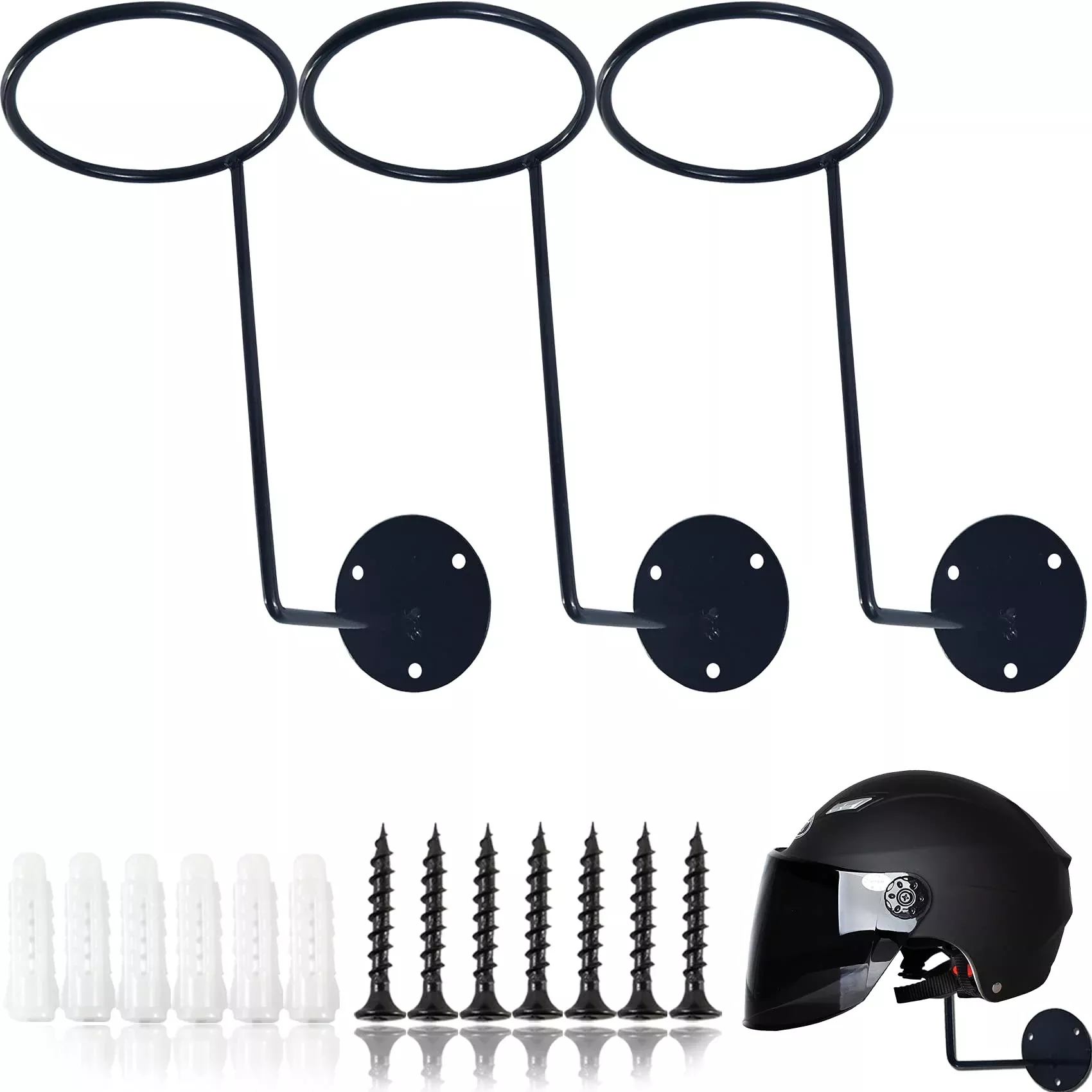 Yoohua 3Pcs Helmet Holder Rack Hook Helmets Stand Wall Mount Jacket Hanger Motorcycle Accessories, Black